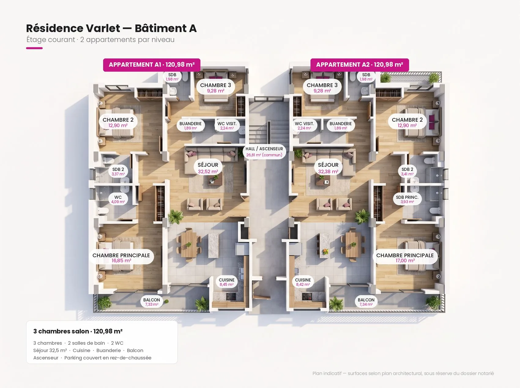 Plan 3D annoté d’un étage courant du Bâtiment A